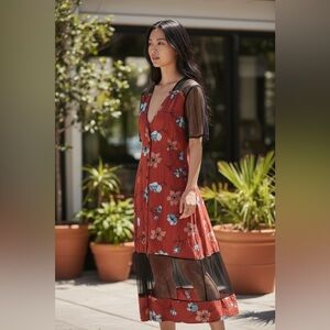 MINKPINK Red Floral Midi Dress Black‎ Sheer Accents V-Neck Size M